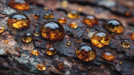 Tree sap droplets on rough bark texture