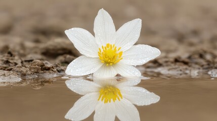 Delicate White Flower Reflecting in a Calm Water Surface