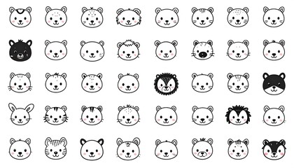 Cute animal faces in simple line art