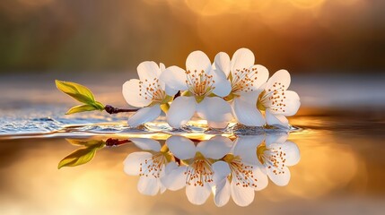 Delicate White Flower Reflection on Water at Sunset Glow