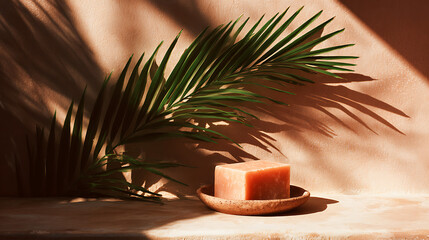 Tranquil Spa Still Life featuring Peach Colored Soap on Rustic Dish with Lush Green Palm Frond and Warm Beige Background Illuminated by