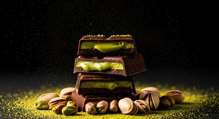Delicious dark chocolate with pistachio cream filling and pistachios against a dark background perfect for dessert or confectionery themed projects