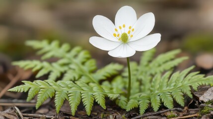 Delicate White Flower with Fern Leaves in Soft Focus Background
