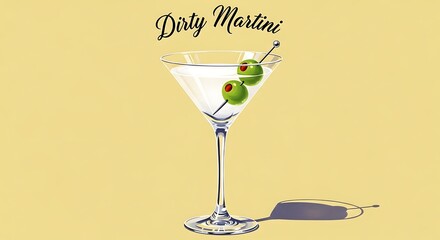 Elegant Dirty Martini Cocktail Illustration on a Cream Colored Background Ready to Serve with Two Green Olives