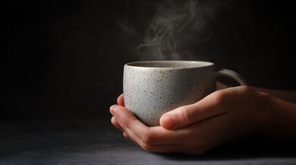 Two hands gently cradling a steaming light grey speckled ceramic mug on a dark surface a minimalist warm scene