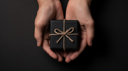 Two Hands Gently Holding a Small Black Gift Box Tied with Tan Twine Bow Overhead Minimalist Photography Dark Background