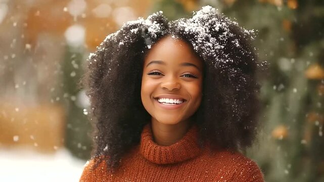  Happy young African American woman with voluminous curly hair beams at the camera, her snow-white smile shining as she poses in the fresh air sn owing