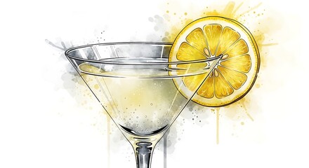 Elegant Lemon Drop Martini Illustration with Vibrant Yellow Citrus Slice and Delicate Watercolor Splashes for Cocktail Enthusiasts