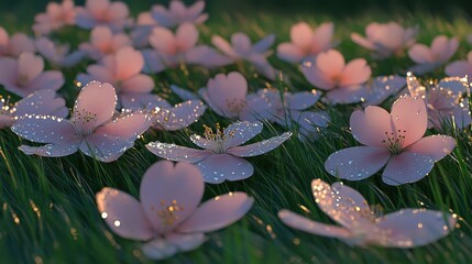 Dewy Cherry Blossom Flowers on Lush Green Grass at Sunrise