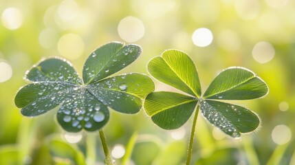 Dewy Clover Leaves Glimmering in Soft Morning Light with Bokeh