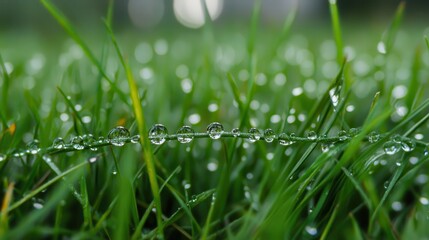 Dewy Grass Blades with Glimmering Water Droplets in Morning Light
