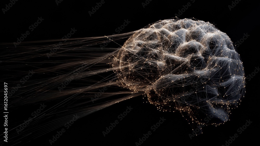 Poster rotating wireframe brain model exhibiting intricate connections against a dark surface showcasing ne