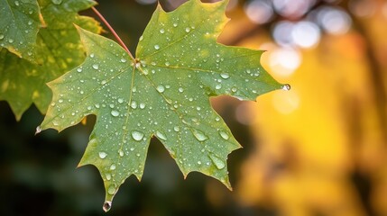 Dewy Green Maple Leaf Against Soft Blurred Backdrop of Autumn
