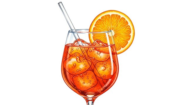Refreshing Aperol Spritz Cocktail Illustration with Ice Cubes and Orange Slice Summer Drink Graphic for Bar Menu or Party Invitation