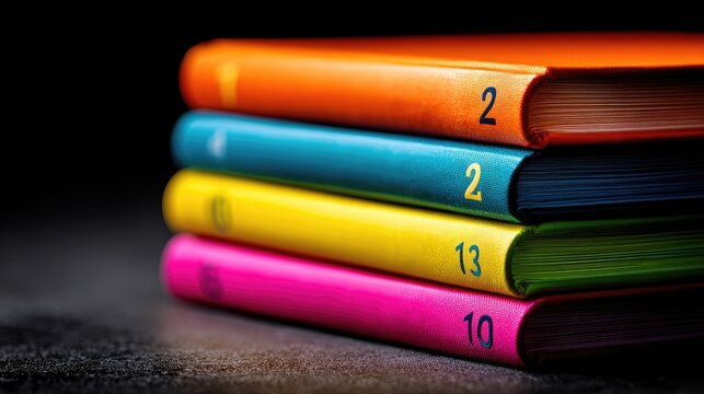 Stack of colorful books with numbered spines.