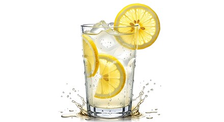 Refreshing Lemonade with Ice Cubes and Lemon Slices Against White Backdrop Promoting Healthy Hydration and Summer Beverages