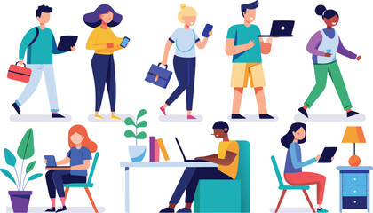 Diverse people using technology and working in a flat design style women