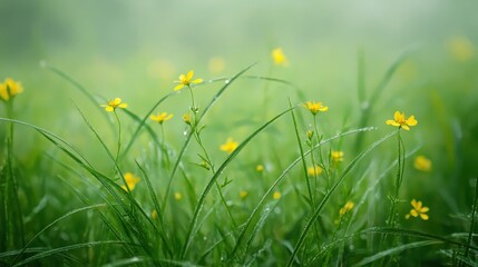 Dewy Meadow with Bright Yellow Wildflowers in Early Morning Light