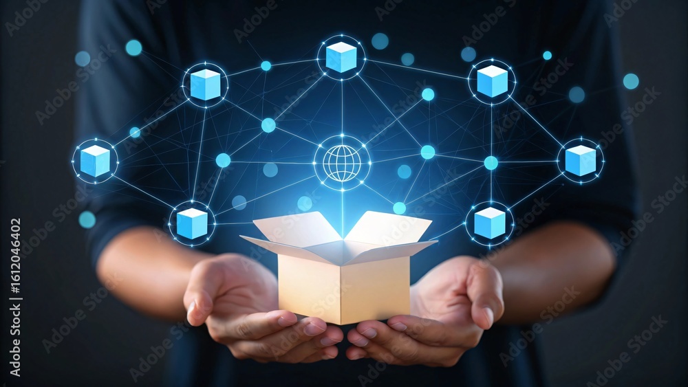 Poster hands holding open box with digital network image