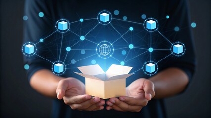 Hands holding open box with digital network image