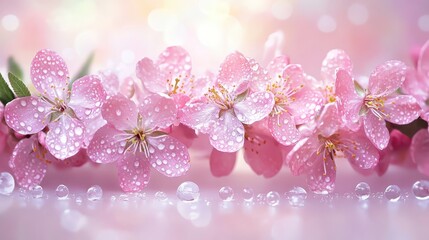 Dewy Pink Flower Petals on Soft Background with Bokeh Effect