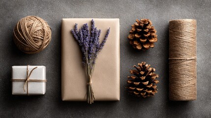 Fototapeta premium Gift wrapping arrangement with lavender sprigs, twine, and pinecones.