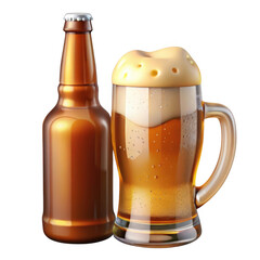3d amber beer bottle and frothy mug isolated on transparent background