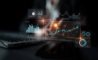 Data analytics dashboard with charts, indicators, and performance metrics, reveals trends, data...