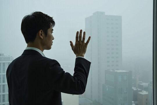 Businessman in a suit looks out a high-rise window at a foggy city, his hand on the glass, feeling lonely, isolated, or contemplating a difficult decision