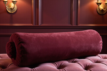 Luxurious burgundy velvet bolster pillow resting on a tufted leather bench, a comfortable and elegant decorative accessory for a sophisticated and classic interior