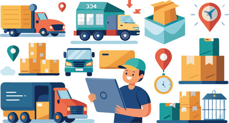 Delivery service logistics with trucks packages and delivery person delivery truck shipping