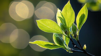 Fresh Green Leaves on Branch with Blurred Background Lighting