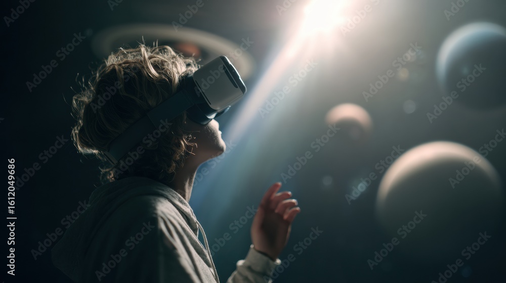 Poster student explores the vastness of the solar system through a virtual reality experience in an immersi