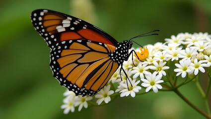 Fototapeta premium Detailed close up of a vibrant monarch butterfly with orange and black wings resting on a cluster of delicate white wildflowers in nature