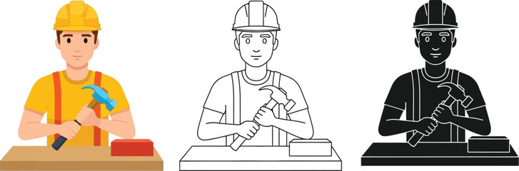 Fototapeta premium Construction worker vector art illustration set with hammer and safety helmet for design needs editable