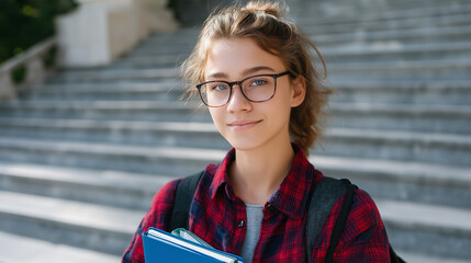 Confident schoolgirl in plaid shirt with glasses on sunny steps