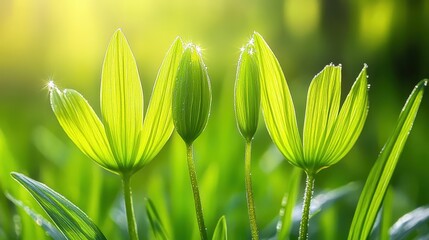 Fresh Green Leaves with Dew in Morning Light on Vibrant Background