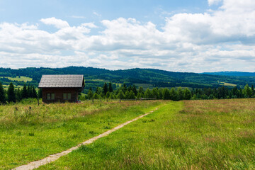 A wooden cabin sits alone in a lush green meadow with forested hills and blue sky in the background, symbolizing peaceful countryside living.

