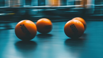Dynamic Motion of Orange Balls in Motion on Sports Floor Surface