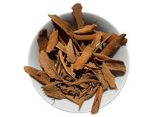 Broken Ceylon Cinnamon Bark Pieces in White Bowl ( Transparent image) - Top View Spice Stock Photo

