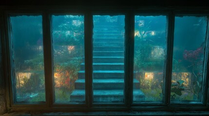 Fototapeta premium Underwater garden view through window with illuminated staircase