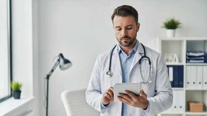 Focused Doctor Using Tablet in Modern Clinic: Healthcare Technology - Powered by Adobe