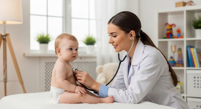 Realistic Photography of a smiling female pediatrician listening to a cute baby's chest with a stethoscope during a checkup in a bright, child-friendly examination room. Ideal for infant health themes