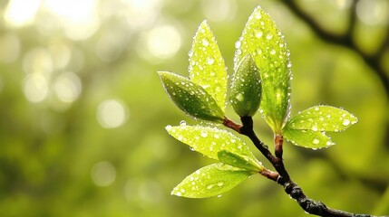Fresh Green Leaves with Water Droplets in Nature's Soft Light