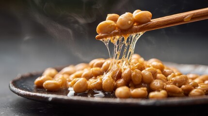 Close-up of fermented soybeans (natto), showing long, viscous strings stretching between beans as a chopstick lifts one strand.