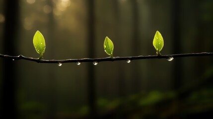 Fresh Green Leaves with Water Droplets in Soft Forest Light