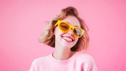 Beautiful young woman in yellow sunglasses looks at the camera with a joyful smile while dancing in a trendy pink studio, creating a dynamic and carefree - Powered by Adobe