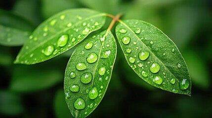 Fresh Green Leaves with Water Droplets on a Natural Background