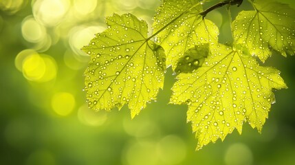 Fresh Green Leaves with Water Drops Glimmering in Natural Light