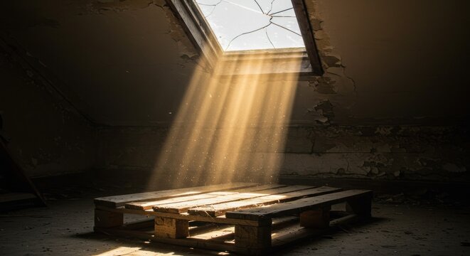 Sunbeams on a pallet in a dark attic